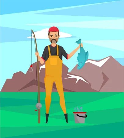 Pescador masculino segurando peixe  Ilustração