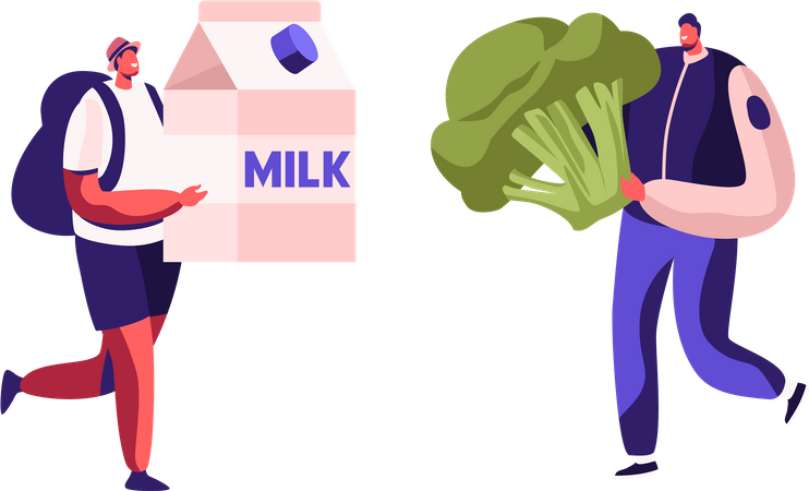 Hombre lleva caja de leche y brócoli  Ilustración