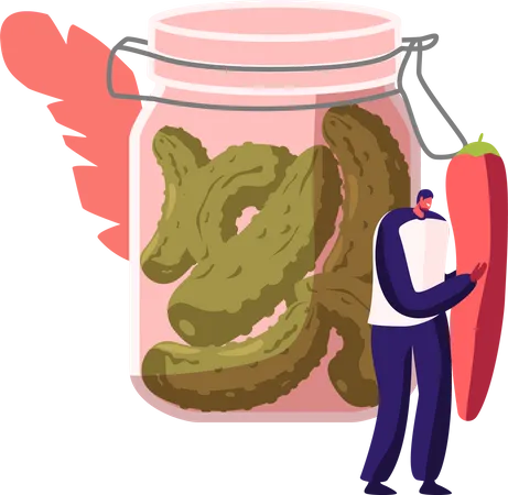 Homem segurando pimenta vermelha em uma jarra de vidro com pepinos marinados  Ilustração