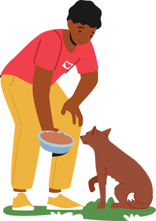 Voluntário masculino alimentando cachorro em abrigo de animais  Ilustração