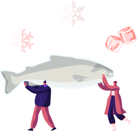 Macho y hembra llevan pescado congelado  Ilustración