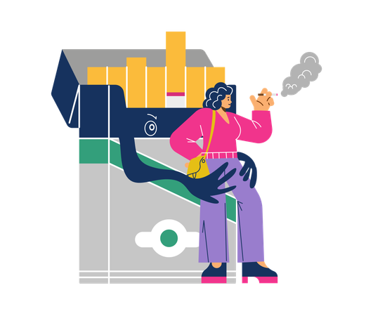 Grande maço de cigarros abraçando mulher fumando  Ilustração