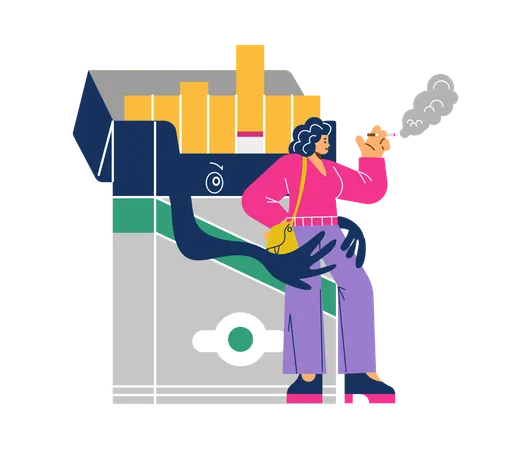 Grande maço de cigarros abraçando mulher fumando  Ilustração