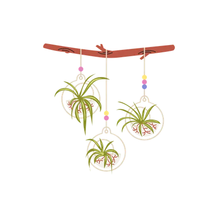 Macramé hangers for plants growing in pots on a wooden stick  Illustration