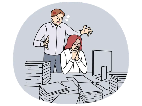 Mad boss scream at stressed female employee  Illustration