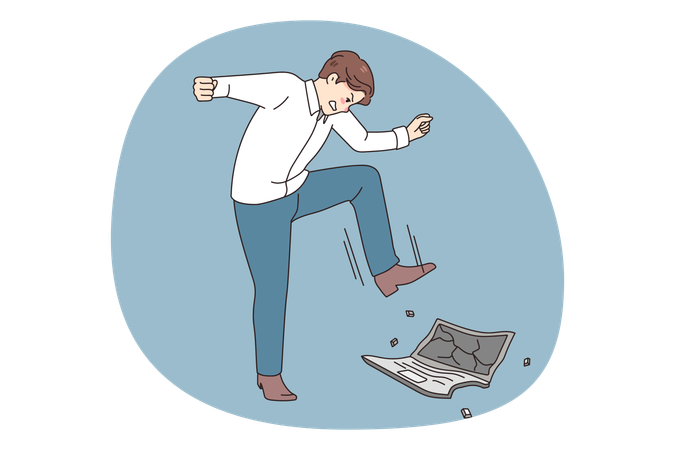 Mad man worker crash laptop overwhelmed with job  Illustration