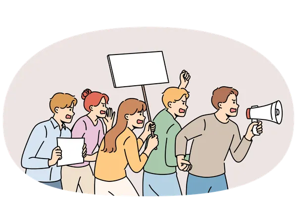 Mad people with placards on demonstration  Illustration