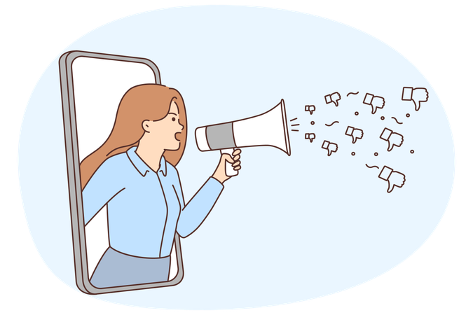 Mad woman shout in megaphone while giving bad recommendation  Illustration