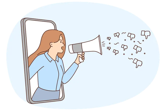 Mad woman shout in megaphone while giving bad recommendation  Illustration