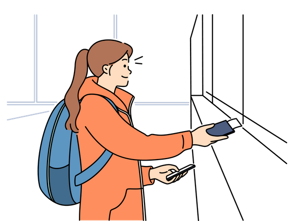 Mädchen am Passkontrollterminal des Flughafens  Illustration