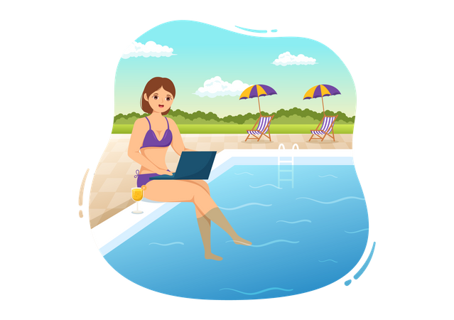 Mädchen arbeiten im Urlaub  Illustration