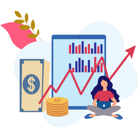 Mädchen arbeitet an der Dollar-Grafik  Illustration