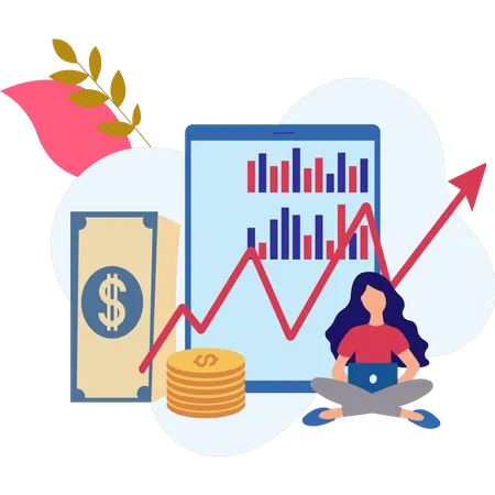 Mädchen arbeitet an der Dollar-Grafik  Illustration