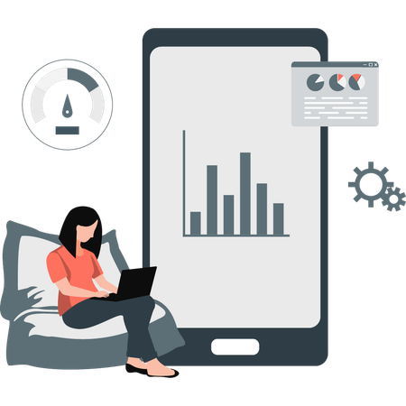 Mädchen arbeitet an mobilem Balkendiagramm  Illustration