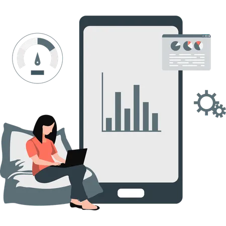 Mädchen arbeitet an mobilem Balkendiagramm  Illustration