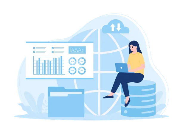 Mädchen arbeitet am Laptop und macht gleichzeitig Datenanalyse  Illustration