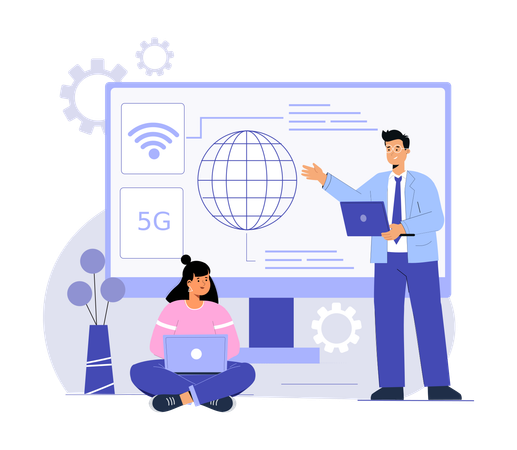 Mädchen arbeitet am Laptop über 5G-Netzwerk  Illustration