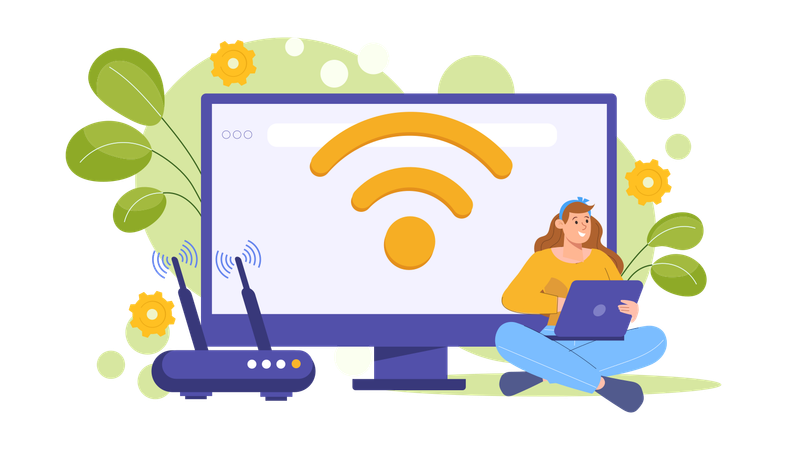 Mädchen arbeitet am Laptop über WLAN  Illustration