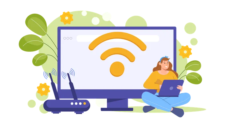 Mädchen arbeitet am Laptop über WLAN  Illustration