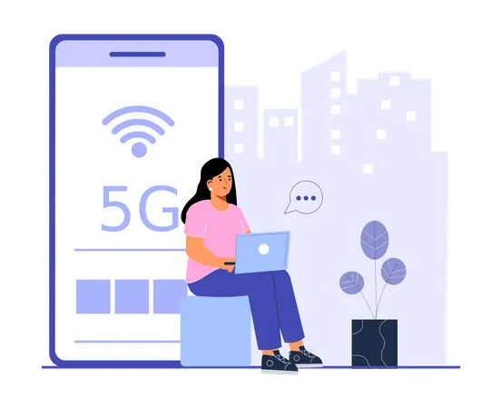 Mädchen arbeitet am Laptop, während sie das 5G-Netzwerk nutzt  Illustration