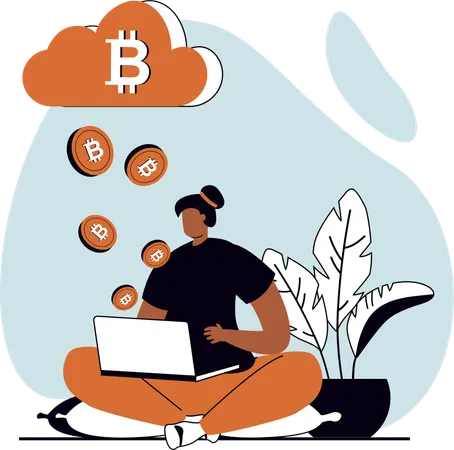 Mädchen arbeitet an Bitcoin-Cloud  Illustration