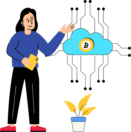 Mädchen arbeitet an Bitcoin-Cloud  Illustration