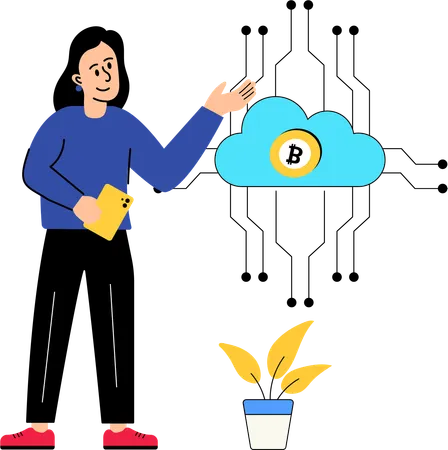 Mädchen arbeitet an Bitcoin-Cloud  Illustration