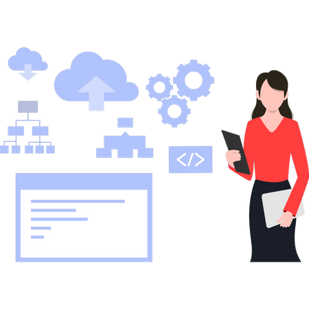 Mädchen arbeitet an Software-Programmierung  Illustration