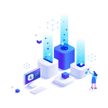 Mädchen arbeitet im Bitcoin-Markt  Illustration