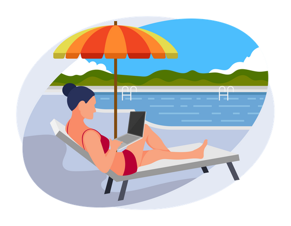 Mädchen arbeitet im Urlaub  Illustration