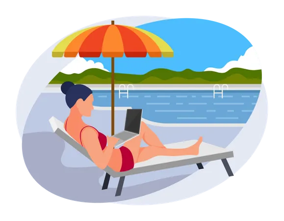 Mädchen arbeitet im Urlaub  Illustration