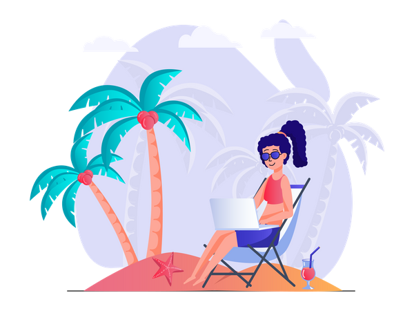 Mädchen arbeitet im Urlaub  Illustration