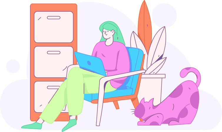 Mädchen arbeitet zu Hause am Laptop  Illustration