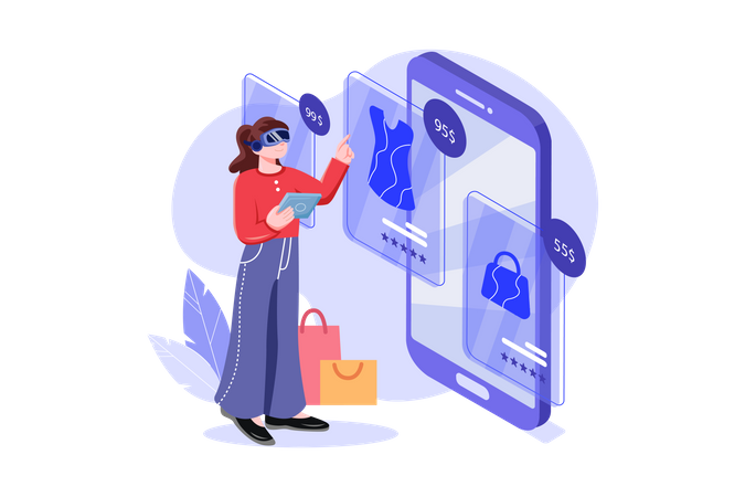 Mädchen beim Einkaufen mit VR-Technologie  Illustration