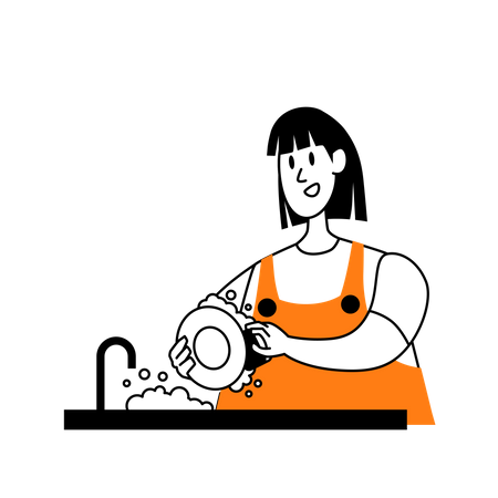 Mädchen beim Geschirrspülen  Illustration