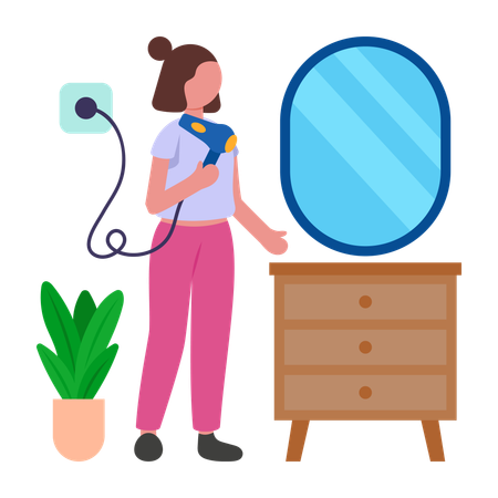 Mädchen beim morgendlichen Haaretrocknen  Illustration