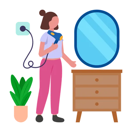 Mädchen beim morgendlichen Haaretrocknen  Illustration