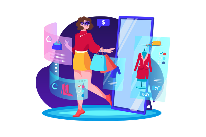 Mädchen beim Online-Shopping mithilfe der Metaverse-Technologie  Illustration