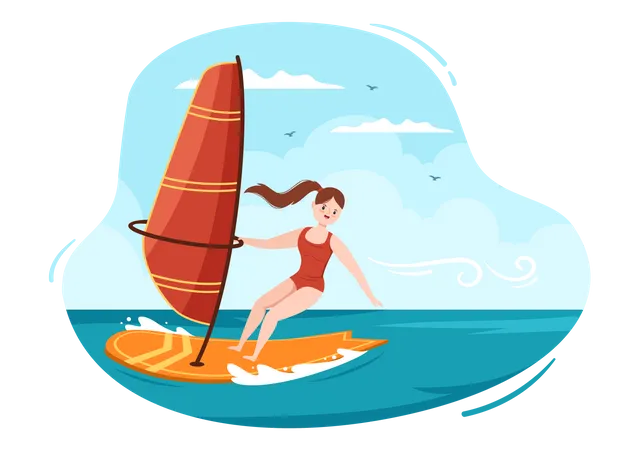 Sommer Windsurfen Oder Wassersportaktivitaten Cartoon Illustration Mit Ausritten Auf Den Rauschenden Wellen Oder Schwimmen Auf Einem Paddelbrett Im Flachen Stil Illustration