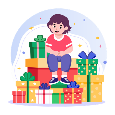 Mädchen bekommt viele Geschenke zum Geburtstag  Illustration