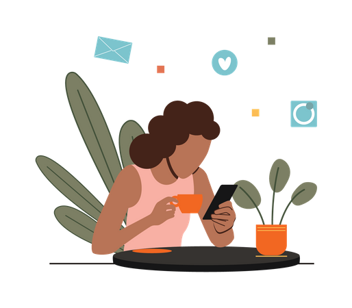 Mädchen benutzt Handy beim Kaffeetrinken  Illustration