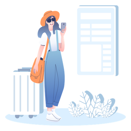 Mädchen benutzt Handy im Urlaub  Illustration