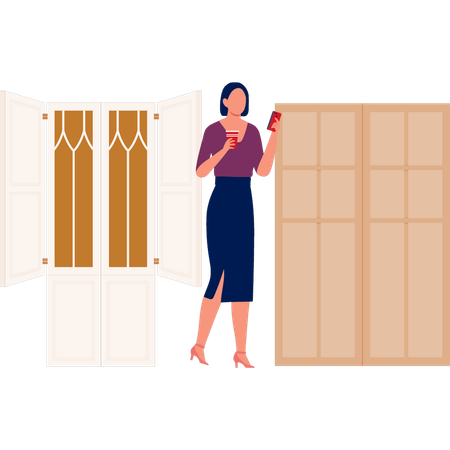 Mädchen mit Handy in der Nähe der Fensterscheibe  Illustration