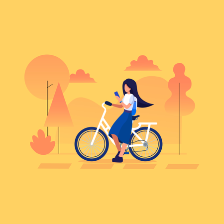 Mädchen benutzt ihr Telefon beim Radfahren  Illustration
