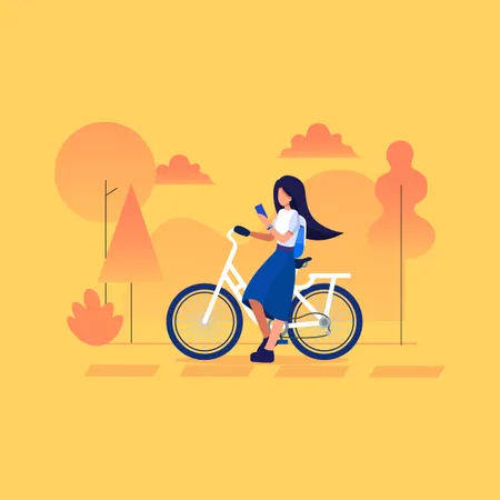 Mädchen benutzt ihr Telefon beim Radfahren  Illustration