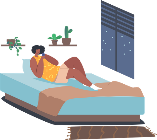 Mädchen benutzt Smartphone vor dem Schlafengehen Illustration