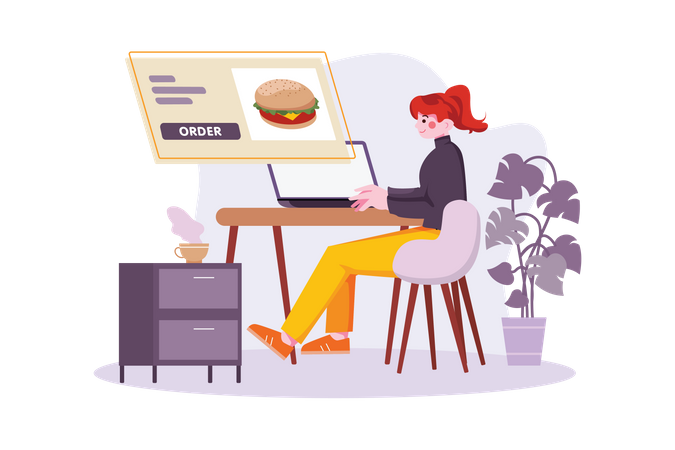 Mädchen bestellt Essen online mit Laptop  Illustration