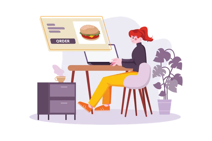 Mädchen bestellt Essen online mit Laptop  Illustration