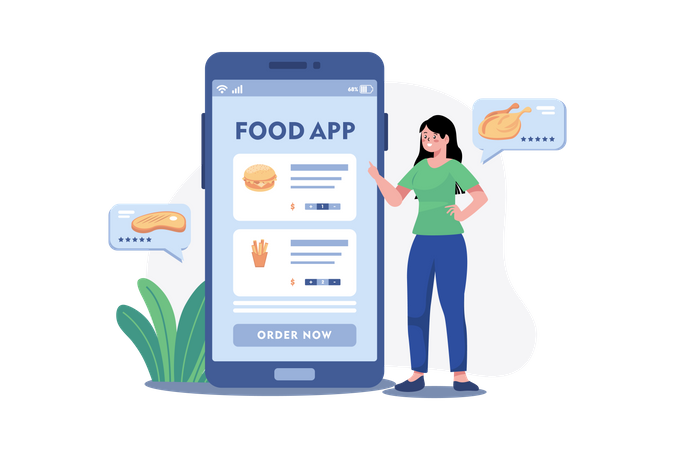 Mädchen bestellt Essen per mobiler App  Illustration