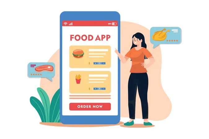 Mädchen bestellt Essen per mobiler App  Illustration
